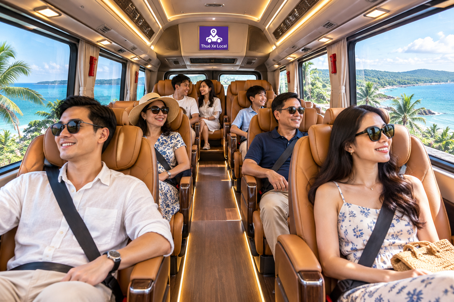 Khách trải nghiệm nội thất limousine Thuê Xe Local