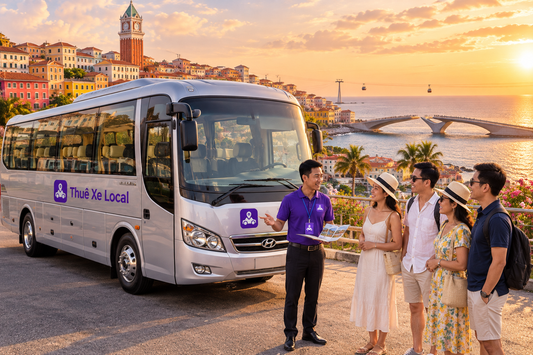 Nhân viên giới thiệu dịch vụ xe 29 chỗ tại Sunset Town Phú Quốc