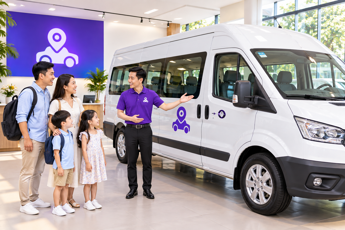 Nhân viên giới thiệu xe 16 chỗ tại showroom