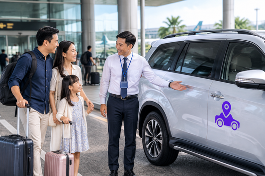 Tài xế đón gia đình trong sảnh sân bay
