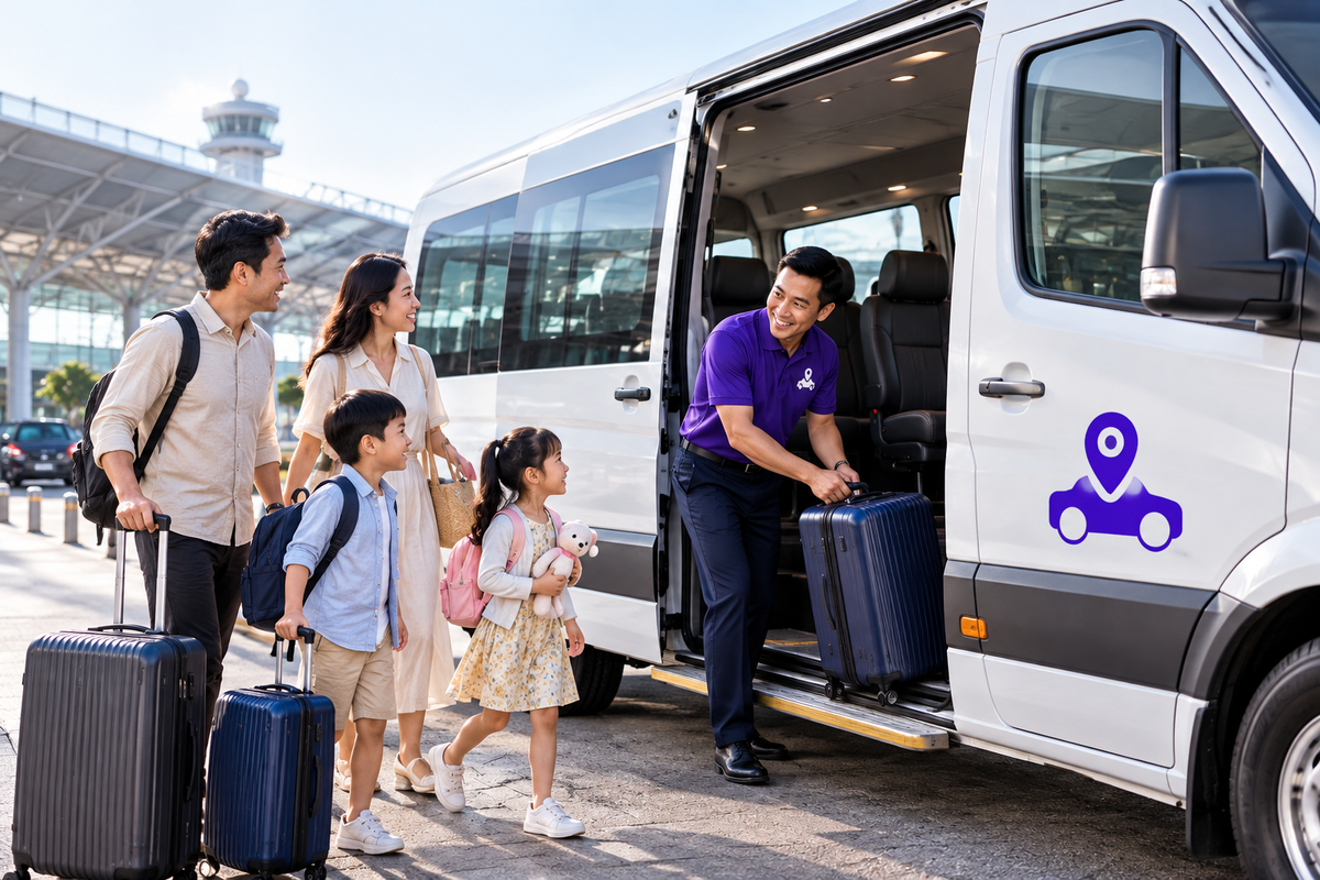 Gia đình được đón bằng xe 16 chỗ tại sân bay Thuê Xe Du Lịch City Tour Nha Trang
