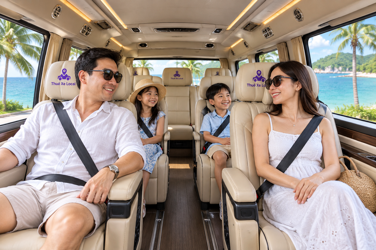 Gia đình trải nghiệm nội thất limousine 9 chỗ tại Phú Quốc