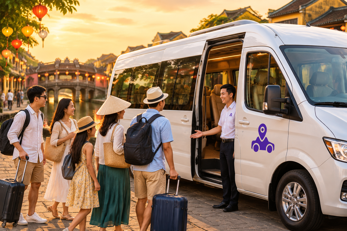 Nhóm khách đến Hội An bằng xe 16 chỗ Thuê Xe Du Lịch City Tour Nha Trang