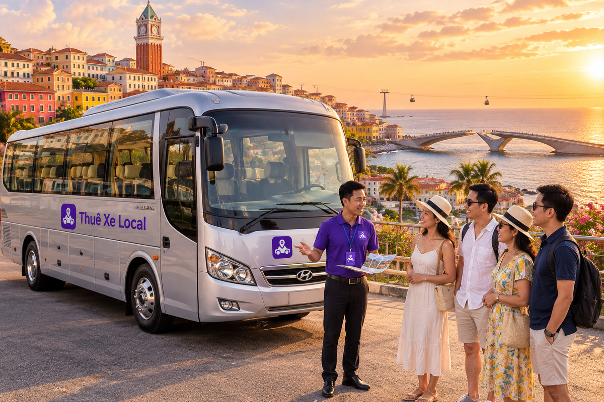 Nhân viên giới thiệu dịch vụ xe 29 chỗ tại Sunset Town Phú Quốc