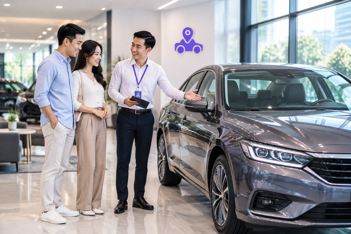 Nhân viên giới thiệu xe 4 chỗ cho khách