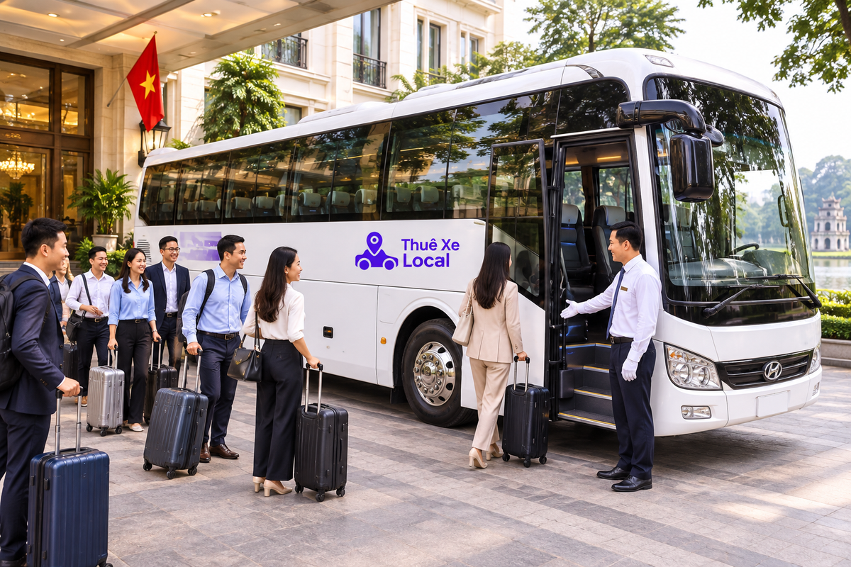 Đoàn công ty chuẩn bị lên xe 45 chỗ tại khách sạn