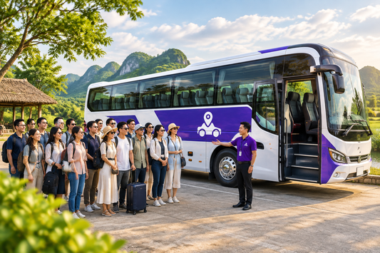 Đoàn khách chuẩn bị lên xe 45 chỗ Thuê Xe Du Lịch Nha Trang Đi TPHCM