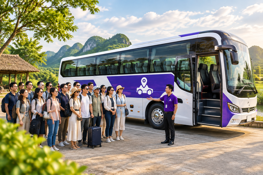 Đoàn khách chuẩn bị lên xe 45 chỗ Thuê Xe Du Lịch Nha Trang Đi TPHCM