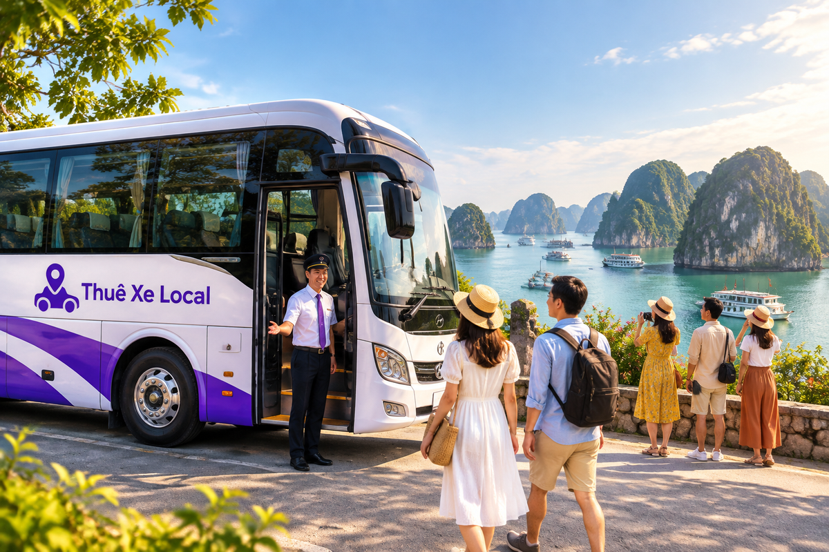 Đoàn khách tham quan bên xe 35 chỗ